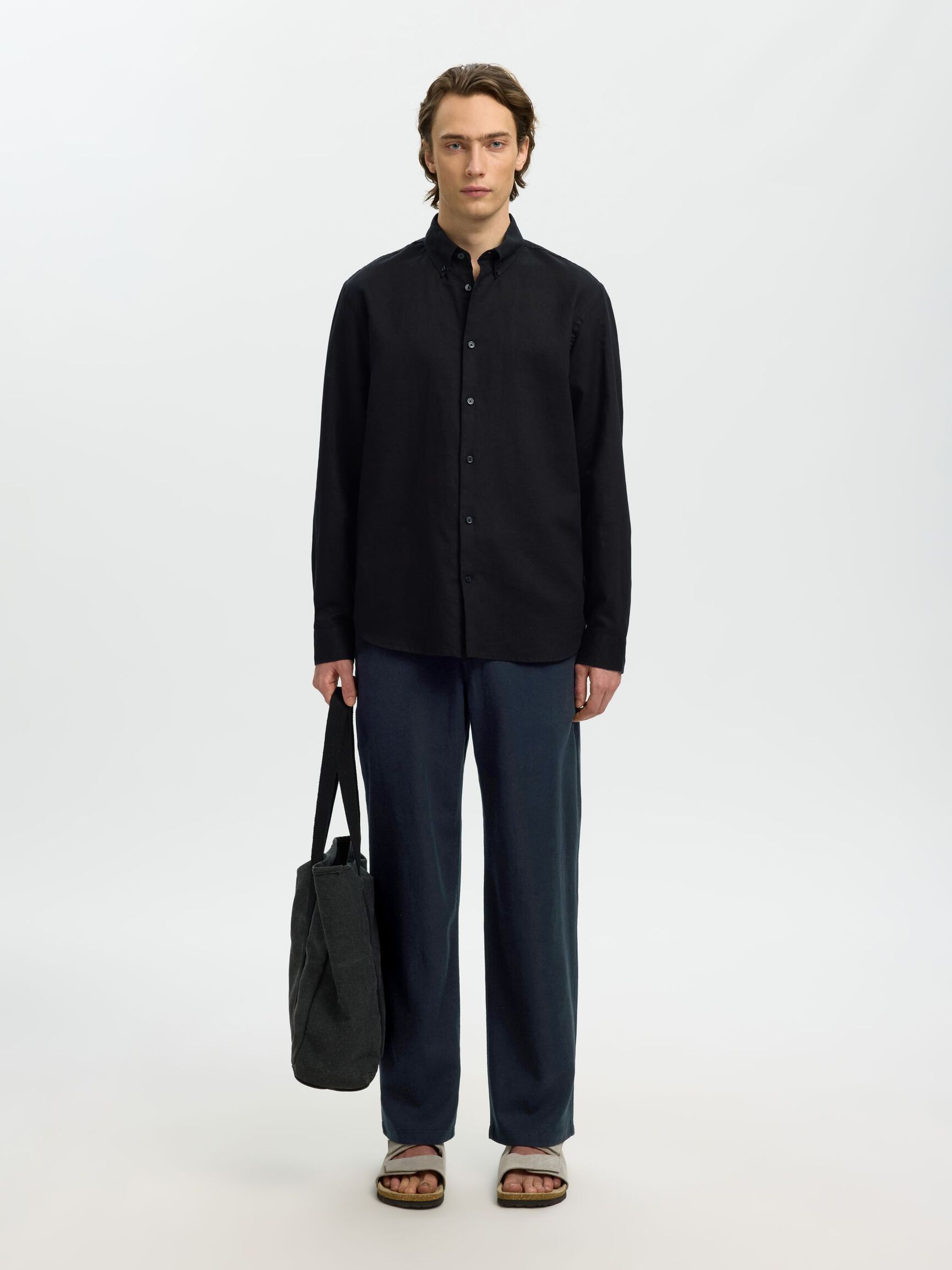 PANTALONI LOOSE FIT IN MISTO LINO NERI