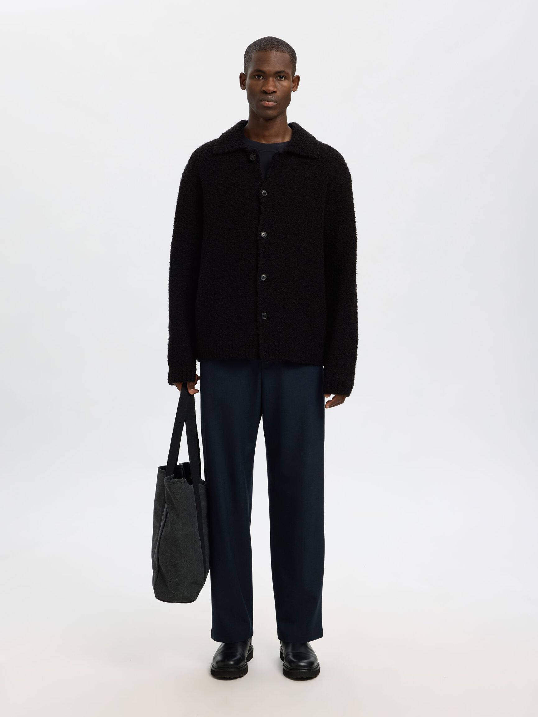 RELAXED BOUCLE POLO CARDIGAN NERO RELAXED