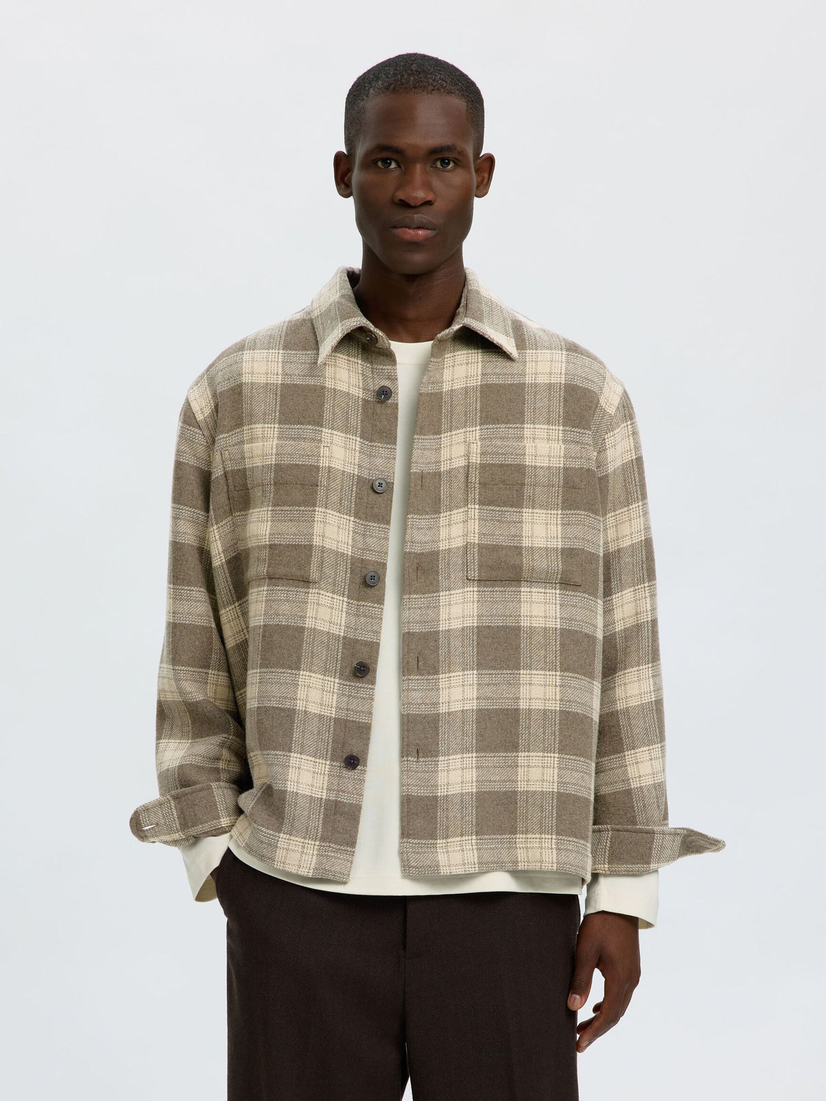 OVERSHIRT A QUADRI IN MISTO LANA GRIGIA E PANNA