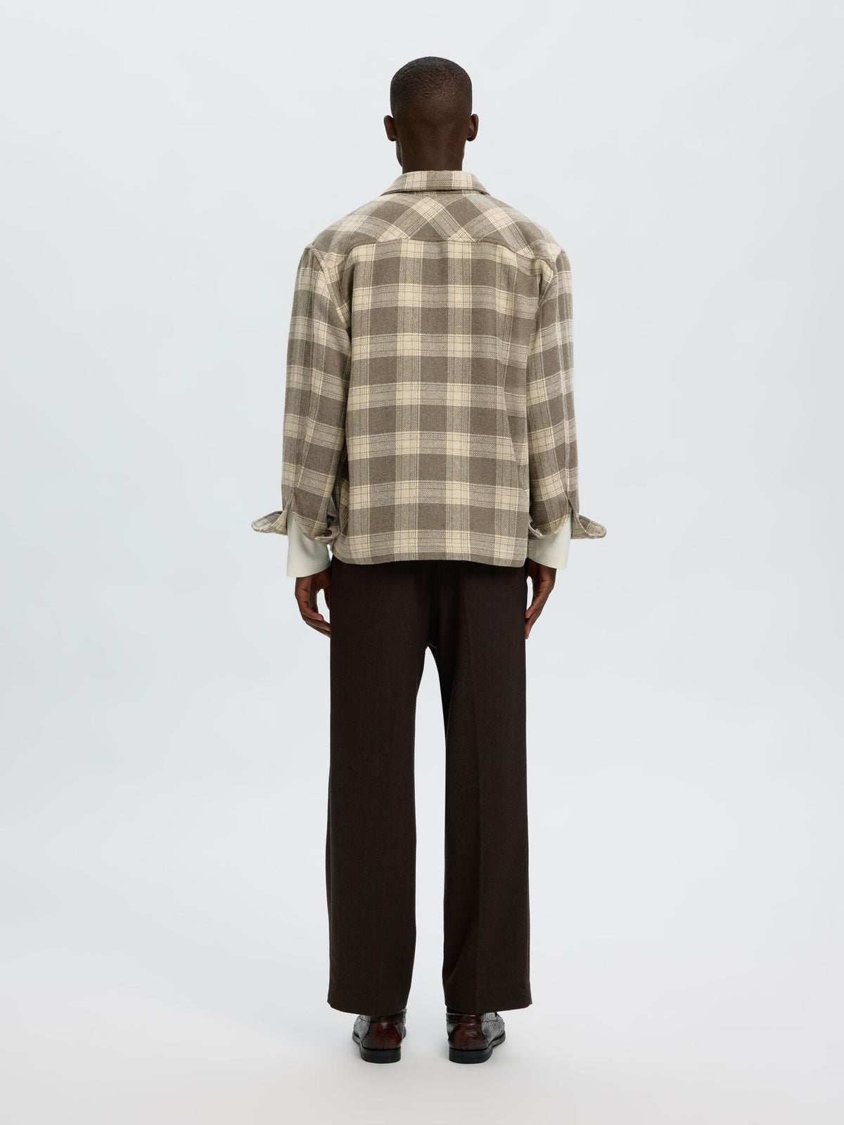 OVERSHIRT A QUADRI IN MISTO LANA GRIGIA E PANNA