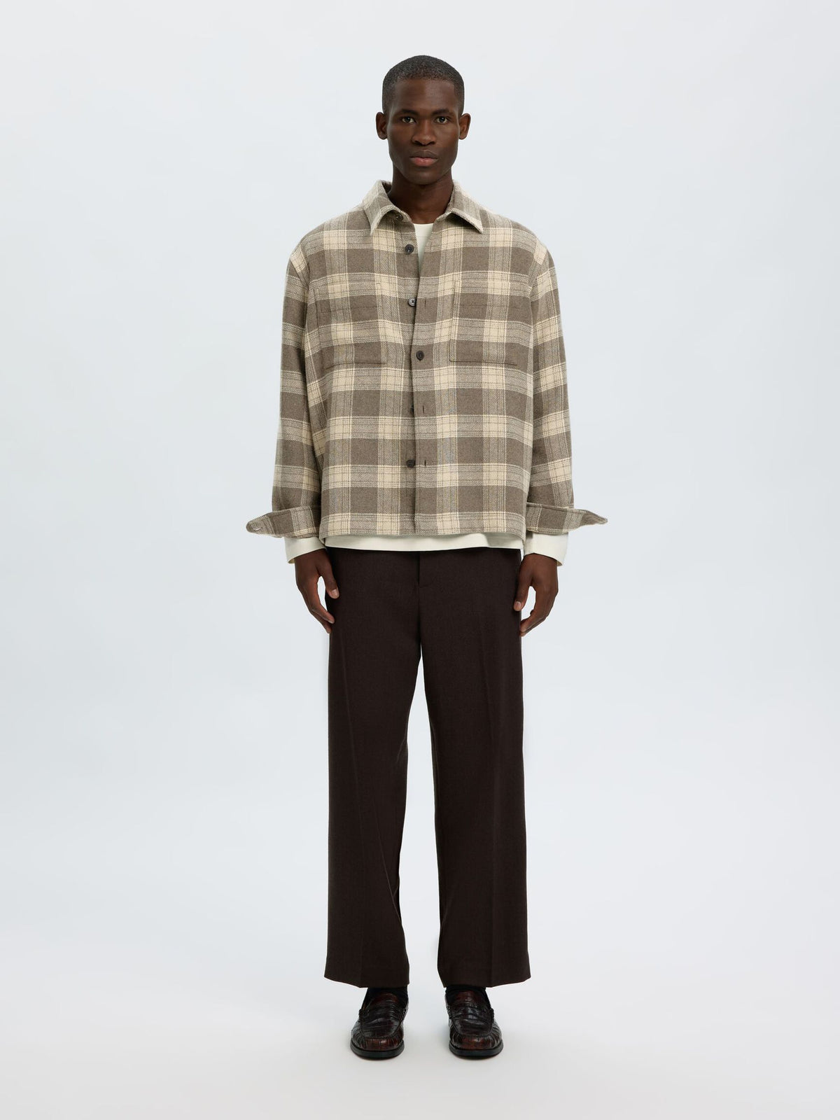 OVERSHIRT A QUADRI IN MISTO LANA GRIGIA E PANNA