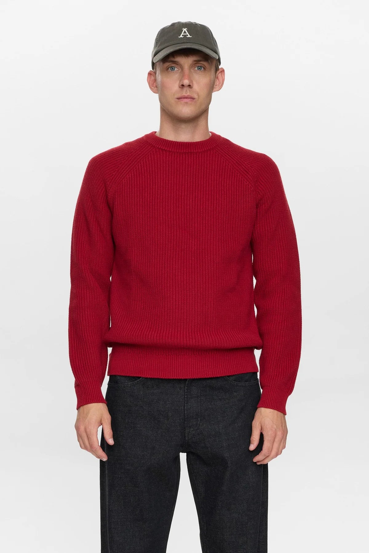 MAGLIONE GIROCOLLO A COSTE IN COTONE ROSSO