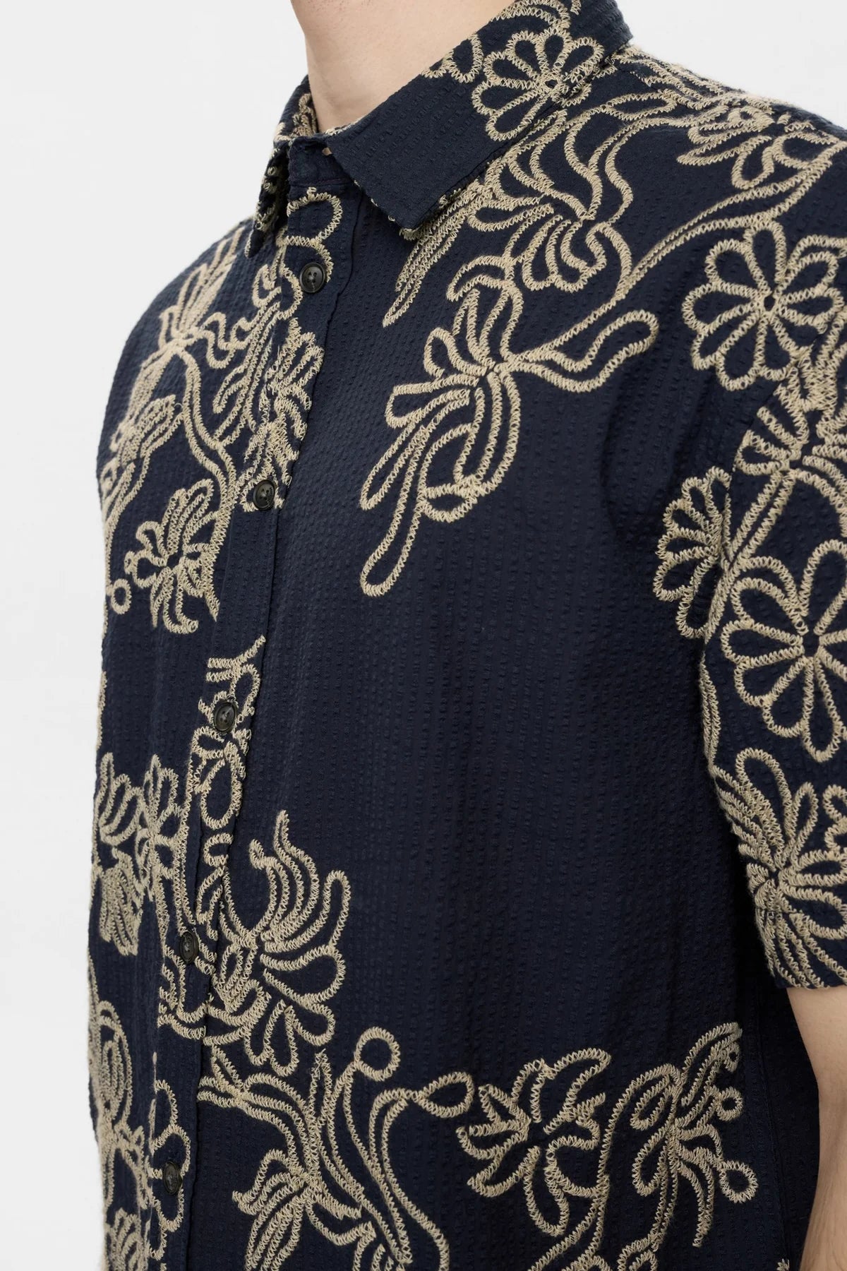 CAMICIA A MANICHE CORTE CON RICAMO IN COTONE BLU