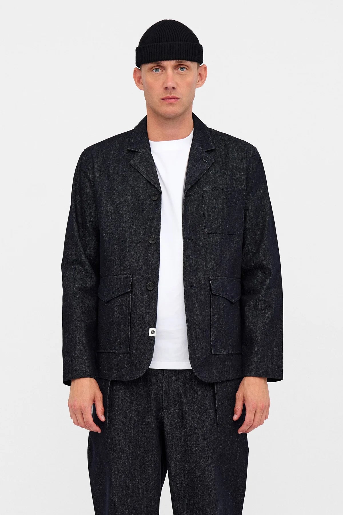 BLAZER DENIM IN LINO E COTONE BLU SCURO