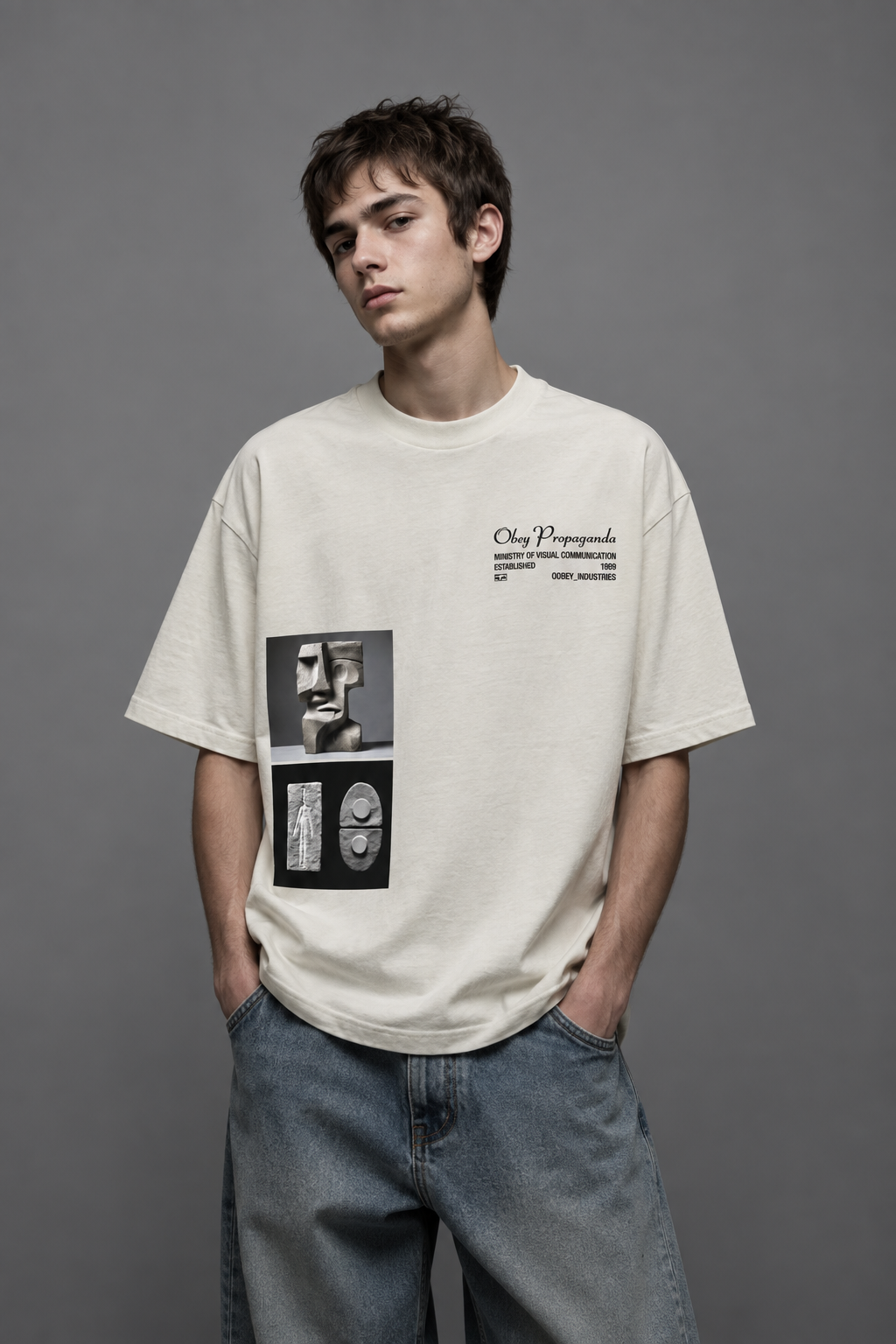 T-SHIRT CON GRAFICA IN COTONE GRIGIO ASH