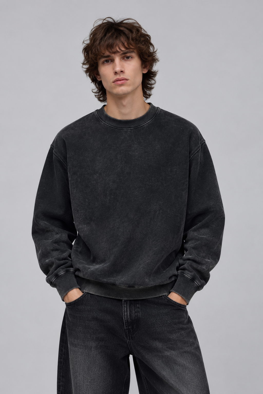 FELPA GIROCOLLO IN COTONE GRIGIO SCURO