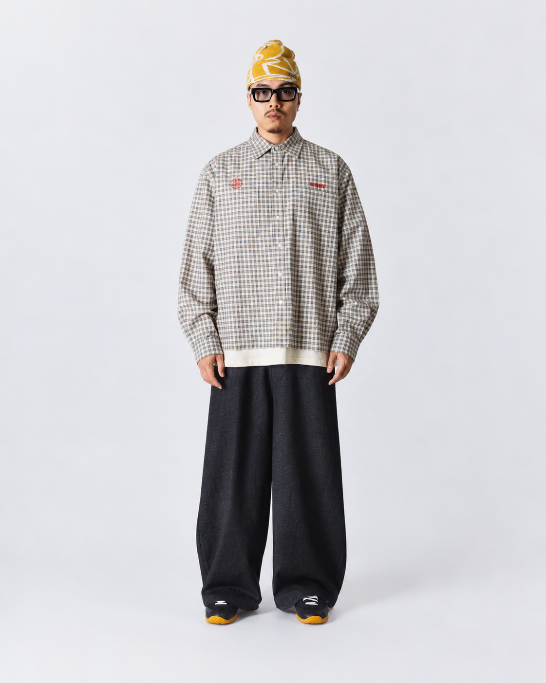 CAMICIA A QUADRI CON RICAMO IN COTONE OFF WHITE