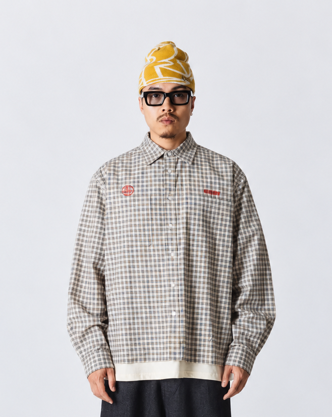 CAMICIA A QUADRI CON RICAMO IN COTONE OFF WHITE