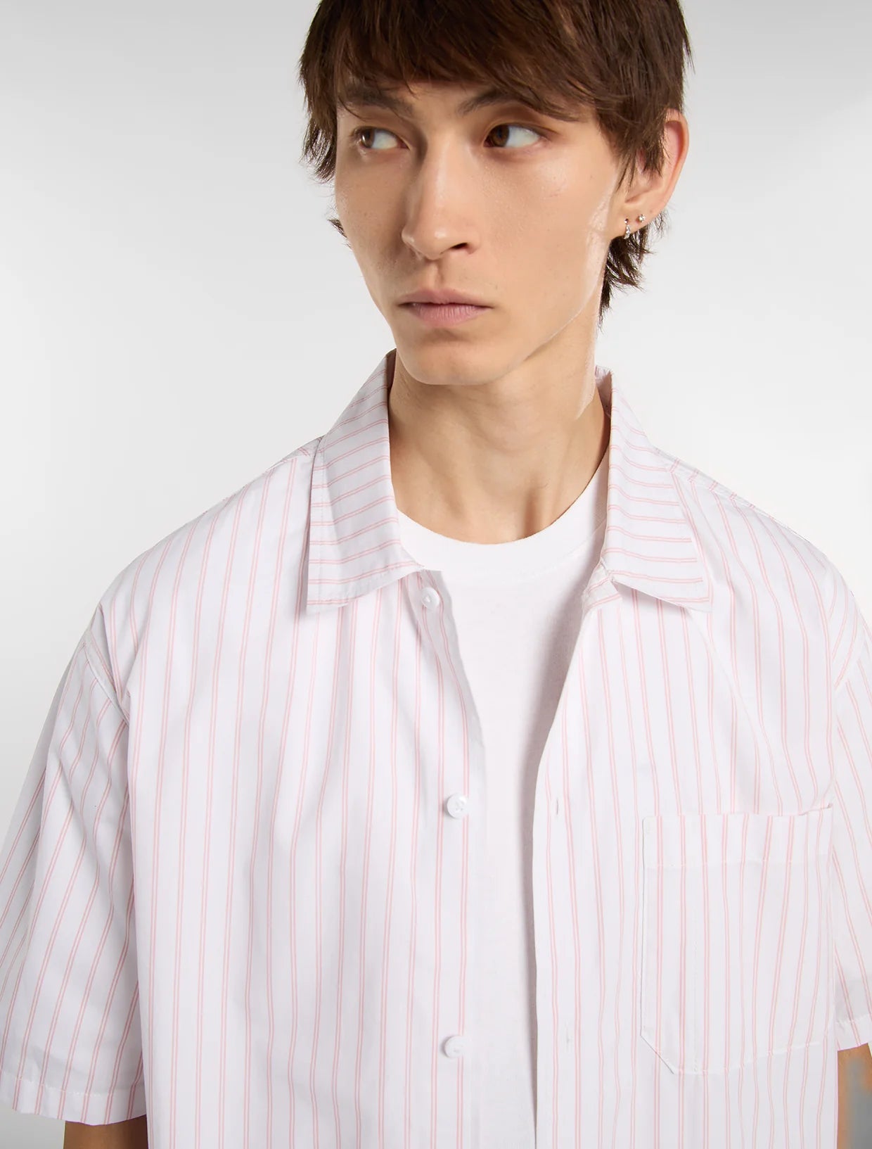 CAMICIA A MANICHE CORTE A RIGHE BIANCA E ROSA
