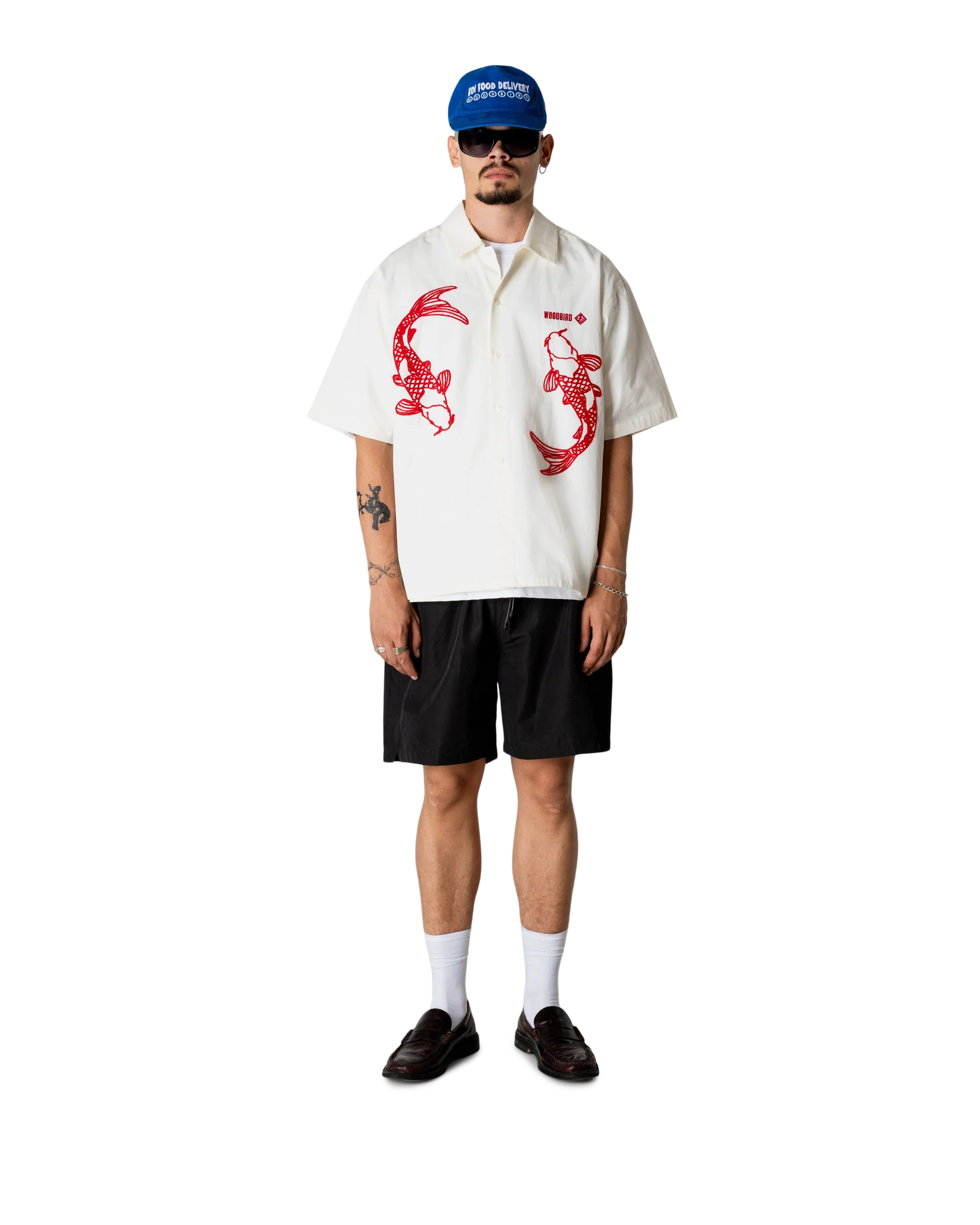 CAMICIA A MANICHE CORTE CARPE KOI IN COTONE OFF WHITE