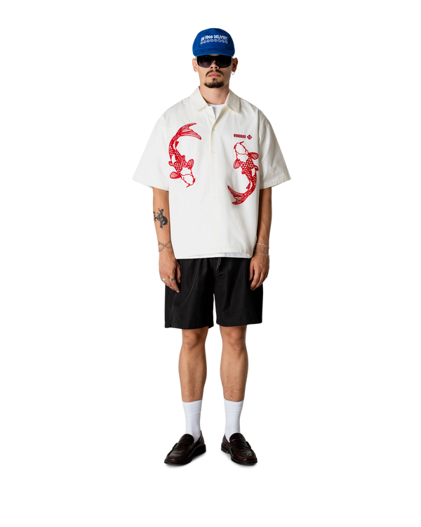 CAMICIA A MANICHE CORTE CARPE KOI IN COTONE OFF WHITE