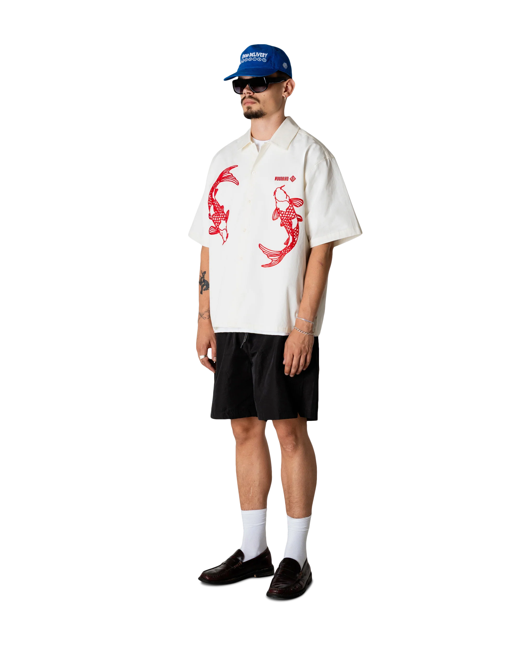 CAMICIA A MANICHE CORTE CARPE KOI IN COTONE OFF WHITE