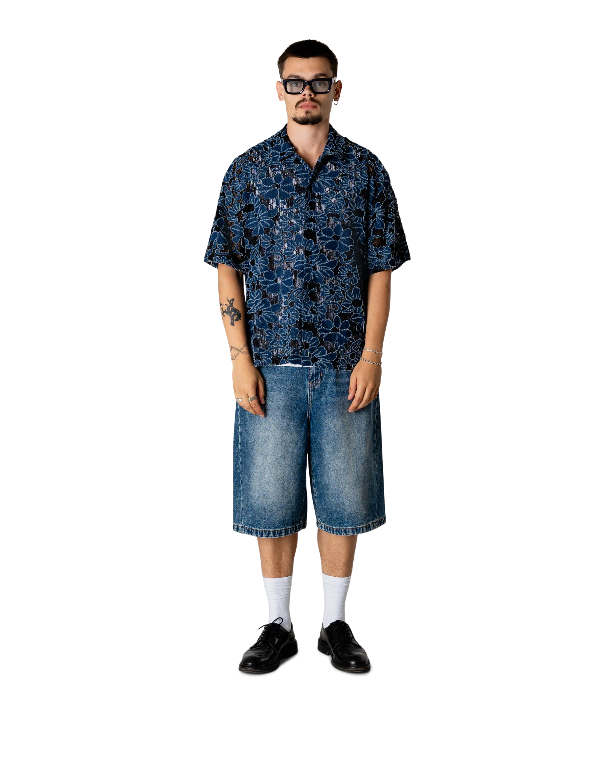 CAMICIA A MANICHE CORTE FLOREALE NERA E BLU