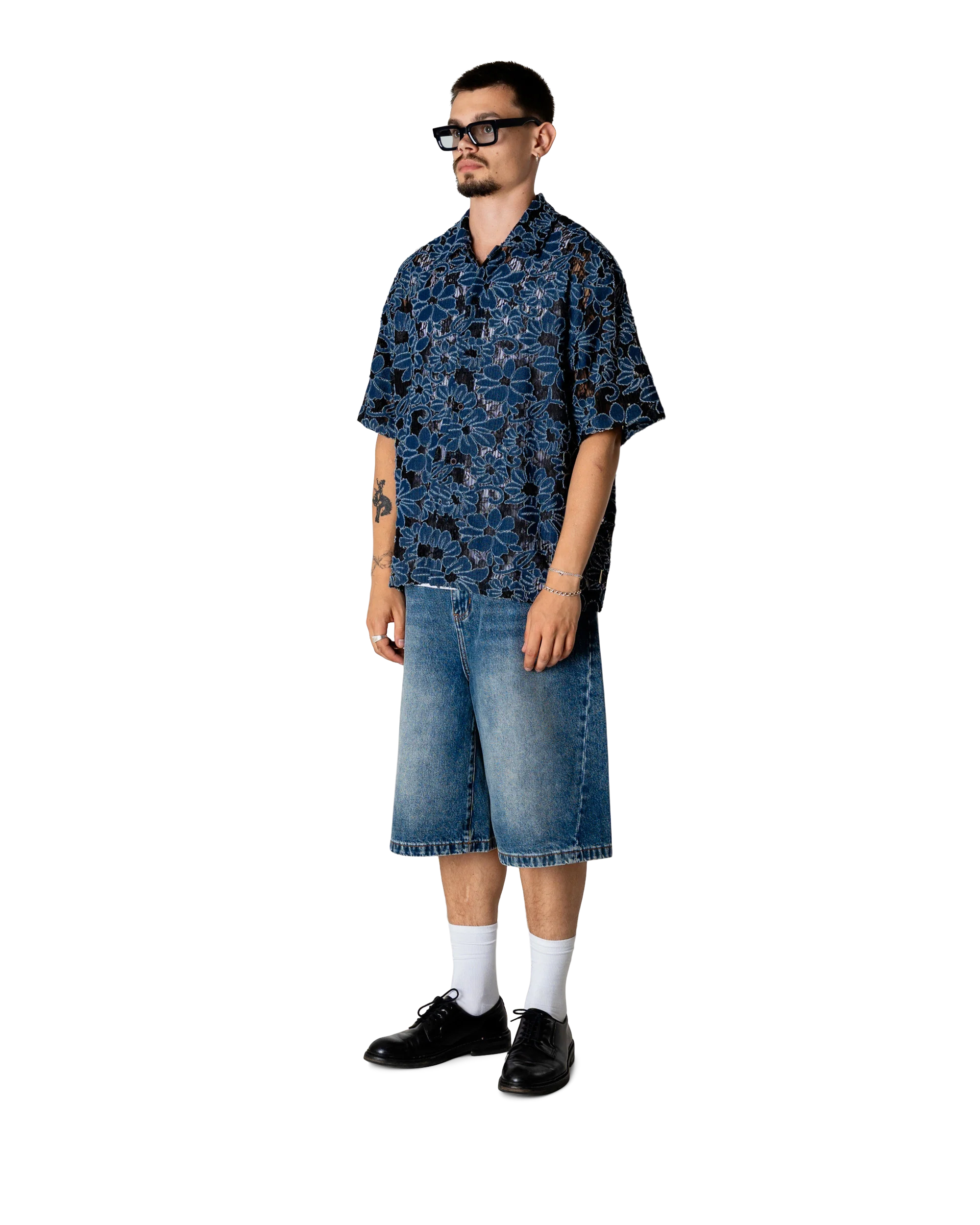 CAMICIA A MANICHE CORTE FLOREALE NERA E BLU
