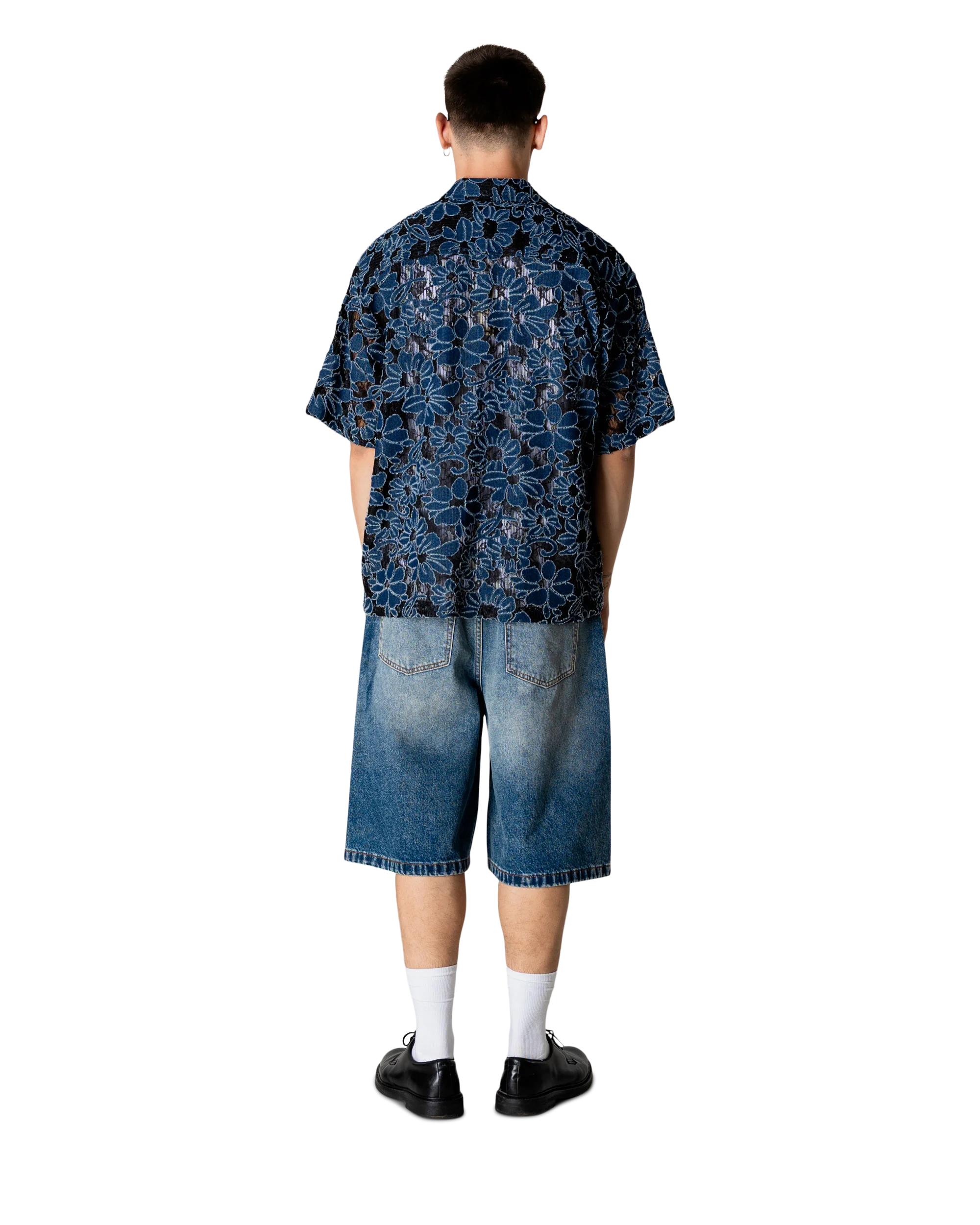 CAMICIA A MANICHE CORTE FLOREALE NERA E BLU