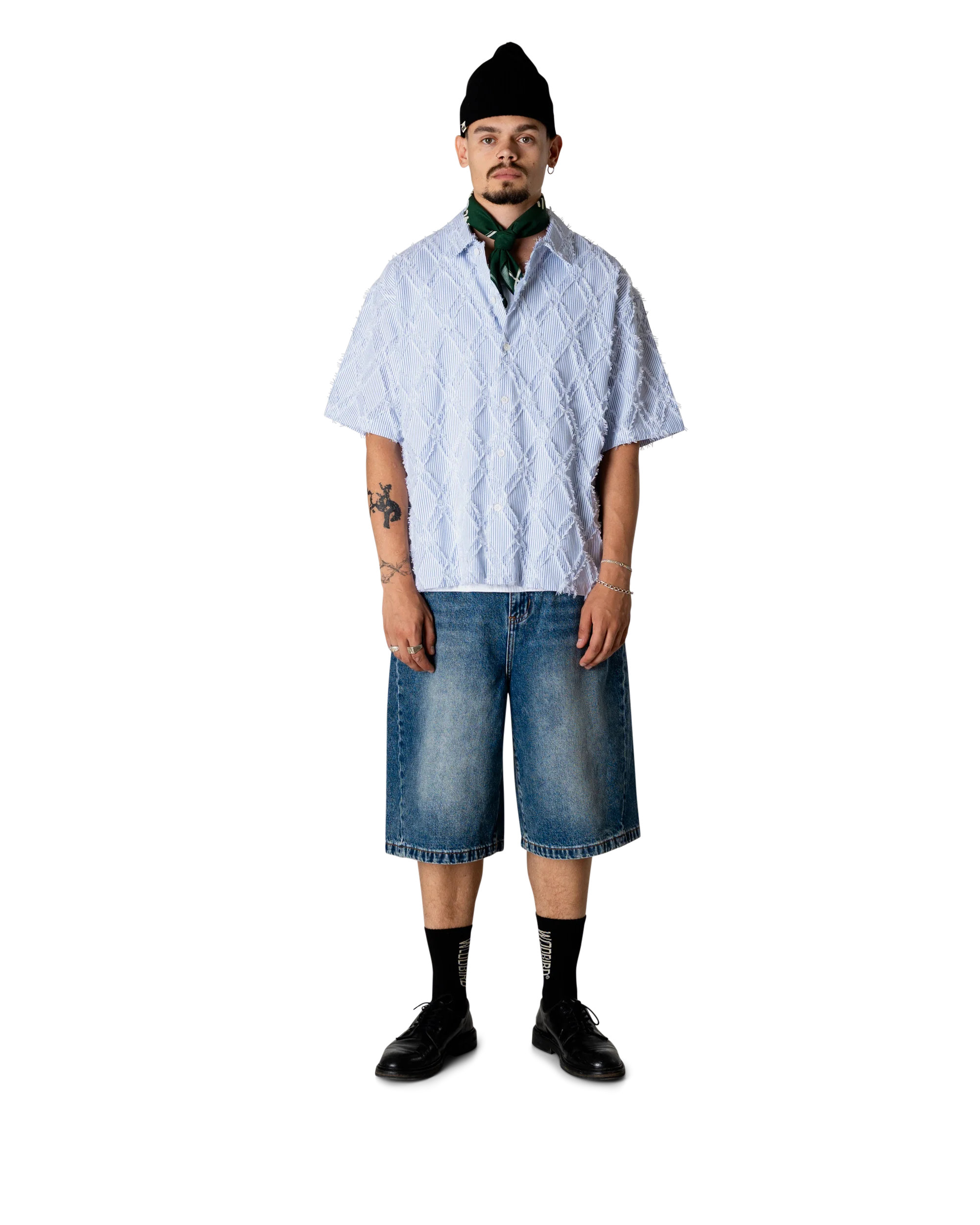CAMICIA A MANICHE CORTE A RIGHE IN COTONE AZZURRO