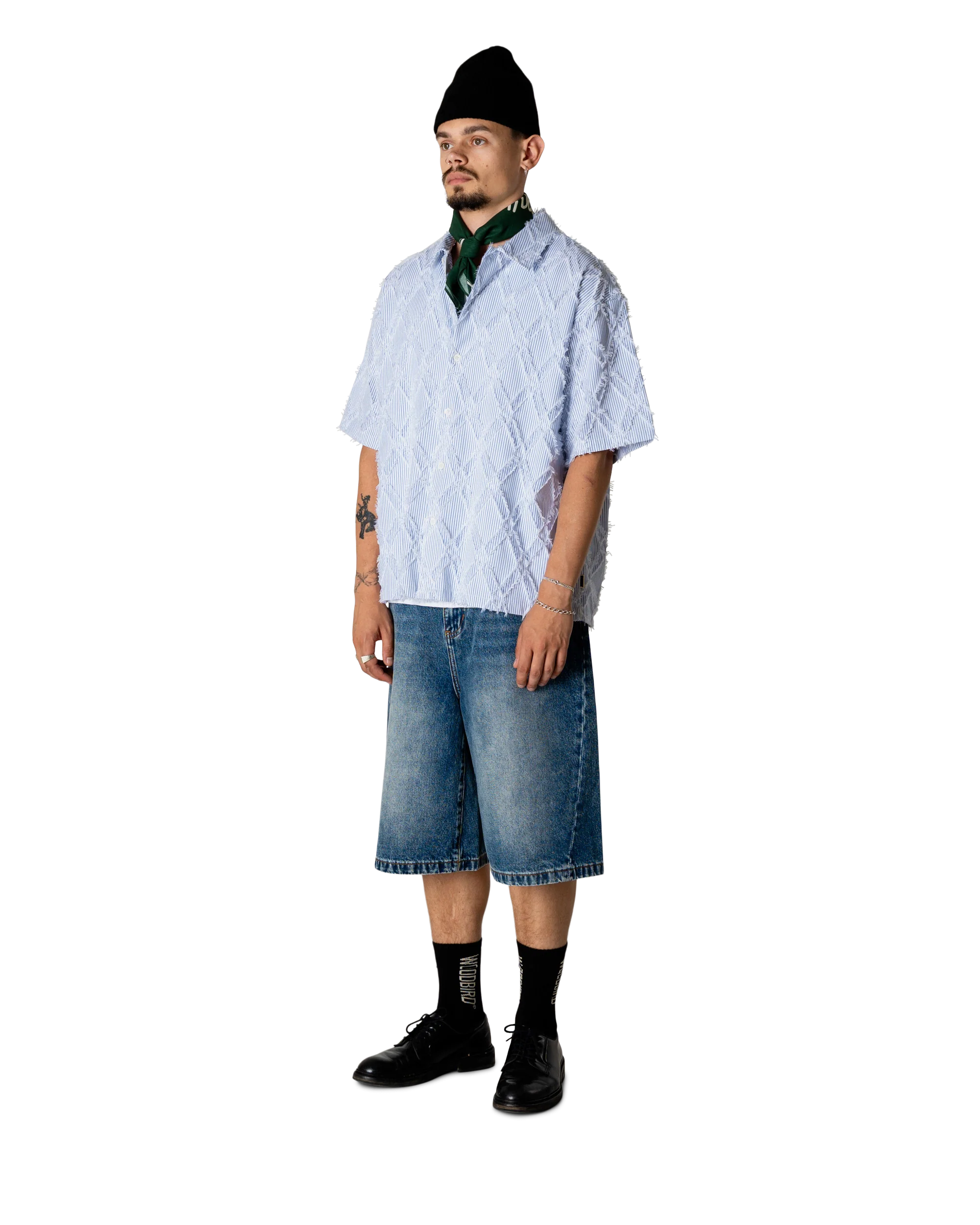 CAMICIA A MANICHE CORTE A RIGHE IN COTONE AZZURRO