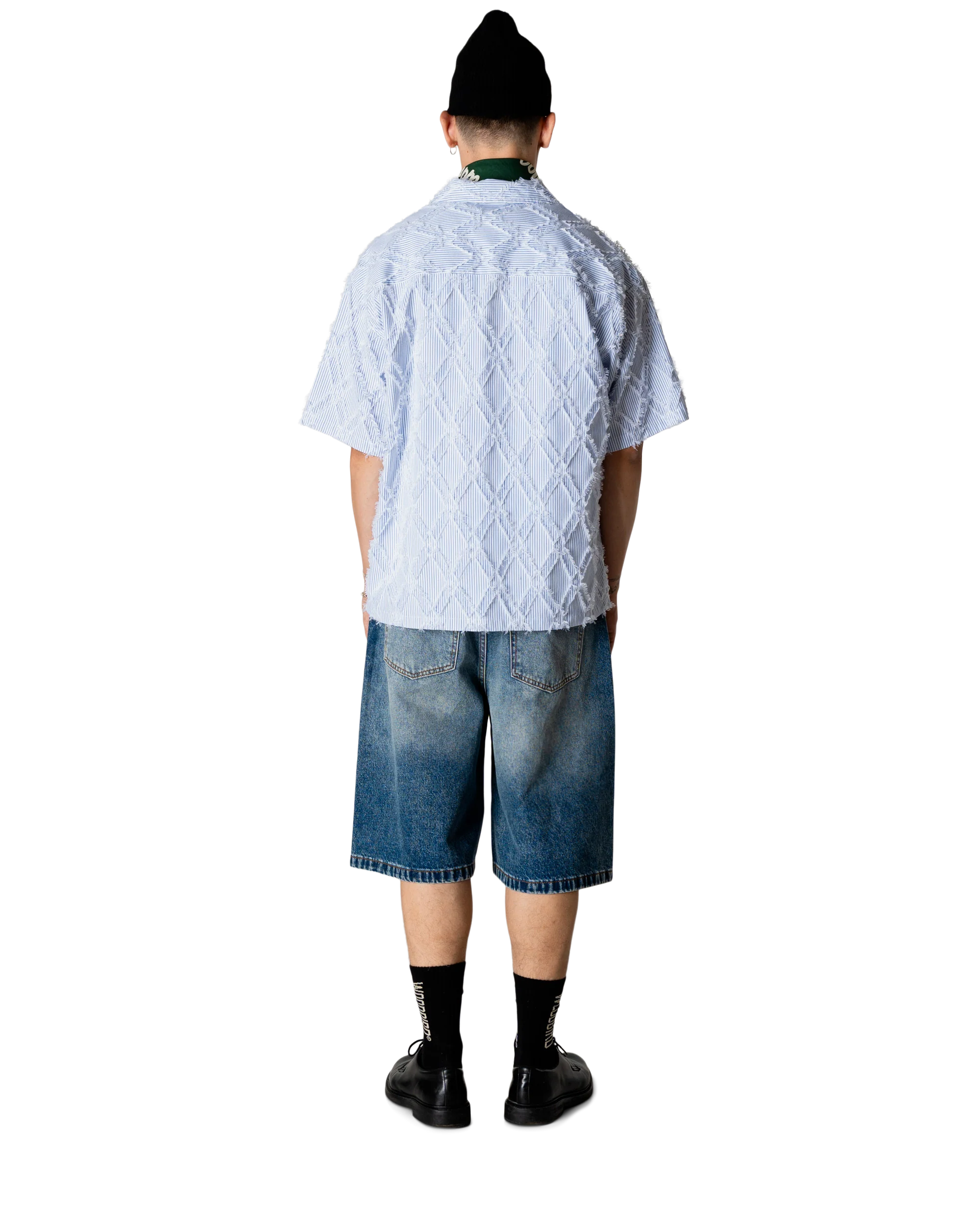 CAMICIA A MANICHE CORTE A RIGHE IN COTONE AZZURRO